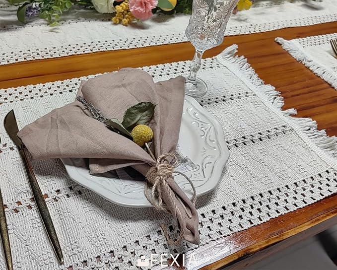 FEXIA Beige Boho Placemats Set of 6 Table Mats Farmhouse Home Dining Decor | 12x20" Place Mat Set of 6 Macrame Table Decor Farmhouse Burlap Placemats for Home Dining Table Centerpiece Home Decorations