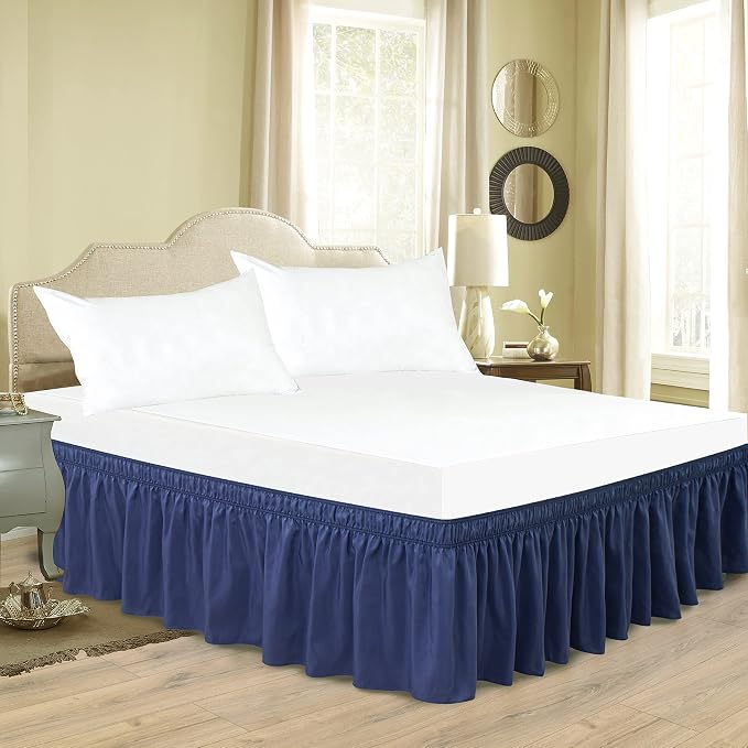 Wrap Around Bed Skirt King Size 12 Inch Drop-Elastic Dust Ruffle Navy | Adjustable Pleated Bedskirt-Easy Fit Wrinkle Resistant Washable Hotel Quality Fabric Bed Skirting-Master Guest Bedroom Rental