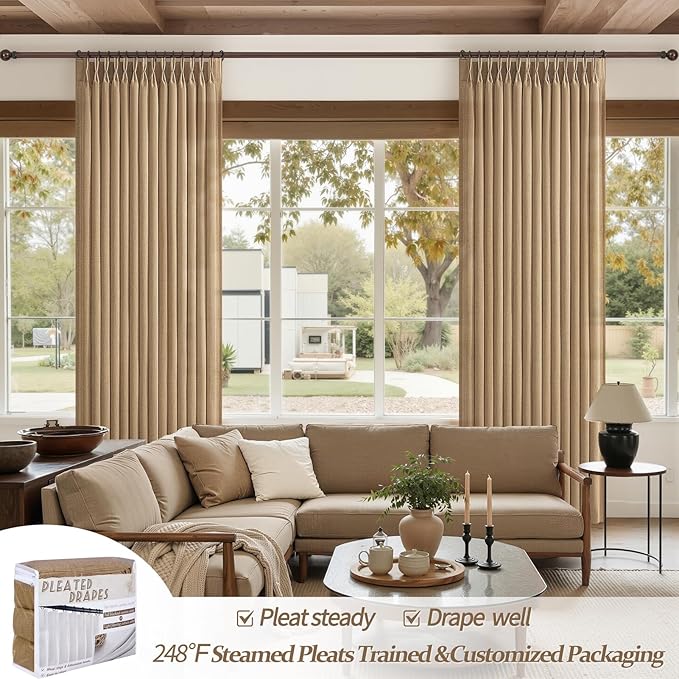 Pinch Pleated Rust Brown Semi Sheer Bedroom Curtains 96 Inches Long 2 Panels Set, Memory Trained Linen Blend Light Filtering Natural Curtain Farmhouse Viral Window Drapes for Dining Room 8FT Length