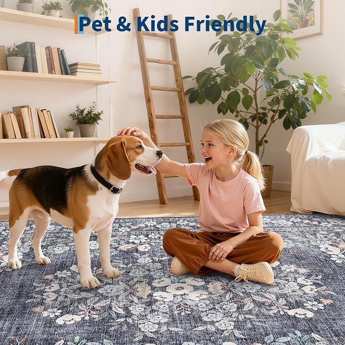 GarveeHome 5x7 Vintage Area Rug for Dining Botanical Boho Accent Carpets | Machine Washable Flower Bordered Floor Cover Mats Non-Slip Low Pile Vintage Floral Rugs for Living Room Bedroom Blue