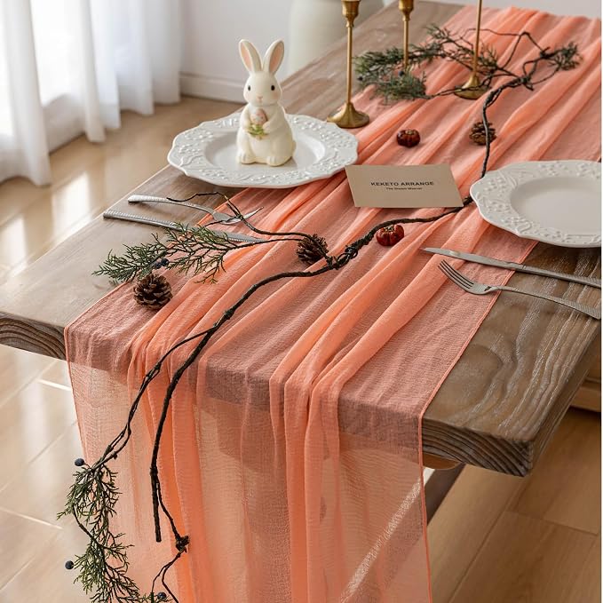 Fresh Salmon Cheesecloth Table Runner 120 Inches for Party Home Decorations | For Thanksgiving Friendsgiving Wedding Bridal Shower Baby Shower Engagement Party 10FT Rustic Boho Home Decor