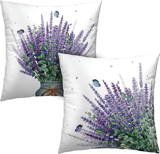 Purple Lavender Outdoor Cushion Cases for Patio Living Room Garden Sofa Set of 2 Spring Floral with Butterfly Throw Pillow Covers Flowers Farmhouse Square Pillowcases 24x24