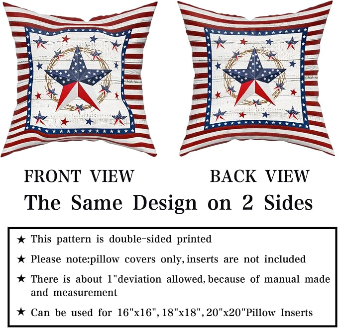 Giwawa 18"x18" Patriotic Stars Pillow Covers 4th of July Star Wreath Decorative Throw Pillow Cases Set of 2 Independence Day Cotton Cushion Covers for Sofa Couch Indoor Outdoor Holiday
