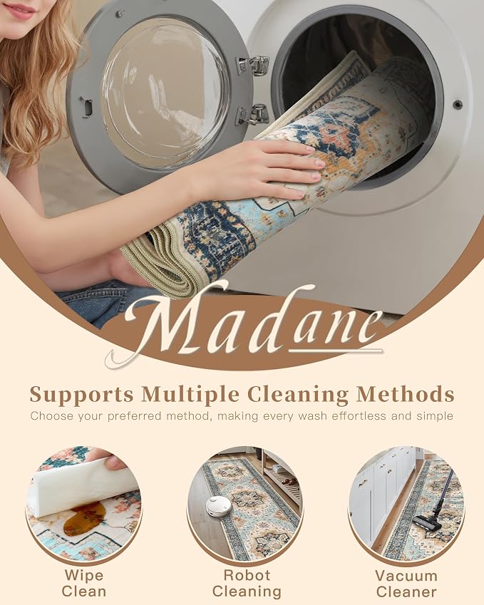 Madane Washable Runner Rug 2x6 Runners for Hallways Non Slip, Orange/Blue | Vintage Stain-Resistant 6 Feet Kitchen Rug, Soft Low-Pile Ultra-Thin Floor Carpet Mat for Bathroom Laundry Room Bedroom 2x6ft