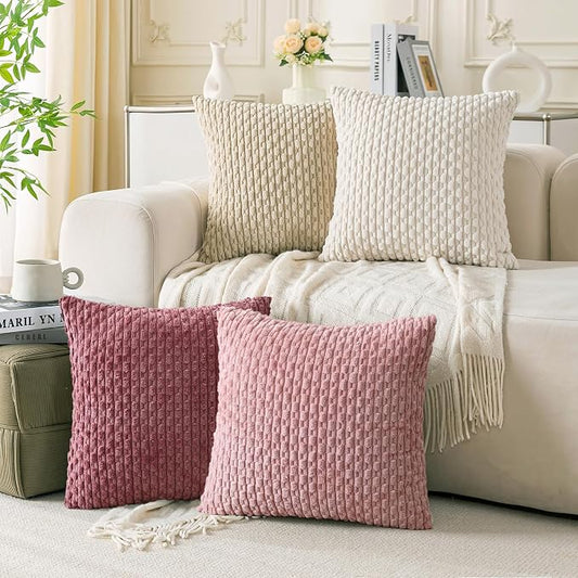 Set of 4 Pink Beige White Decorative Throw Pillow Covers 18x18 Inch Corduroy Pillow Covers for Bed Couch Sofa Living Room Soft Square Cushion Cases