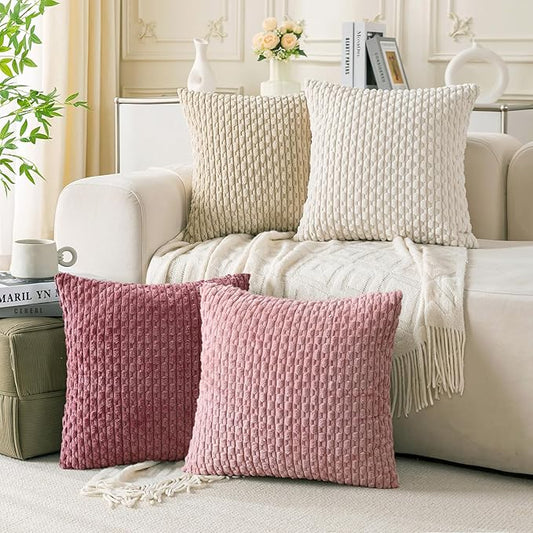 Set of 4 Pink Beige White Decorative Throw Pillow Covers 26x26 Inch Corduroy Pillow Covers for Bed Couch Sofa Living Room Soft Square Cushion Cases