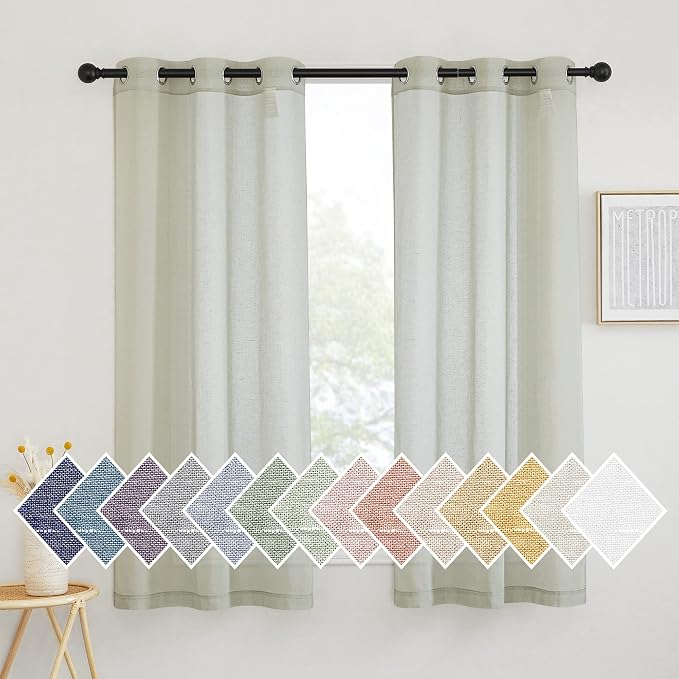NICETOWN Semi Sheer Sage Green Linen Curtains 63 inch Length, Grommet Rustic Privacy with Light Filtering Flax Sheer Privacy Window Treatments for Loft/Apartment, W36 x L63, 2 Panels