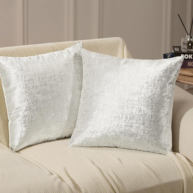 Phantoscope Pack of 2 Sparkling Velvet Decorative, Silver and White Decorative Velvet Pillow Cover, Solid Square Cushion Cover Pillowcase for Couch Bed and Chair, White, 20 x 20 inches, 50 x 50 cm