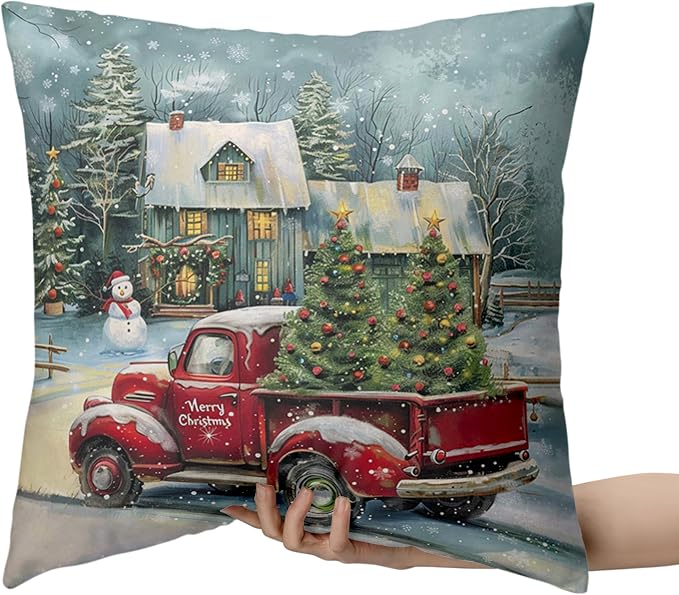 Christmas Red Truck Pillow Covers 16x16 Set of 2 Xmas Tree Cabin Snowman Pillow Case Merry Christmas Cushion Case for Winter Holiday Decorations Couch Bedroom