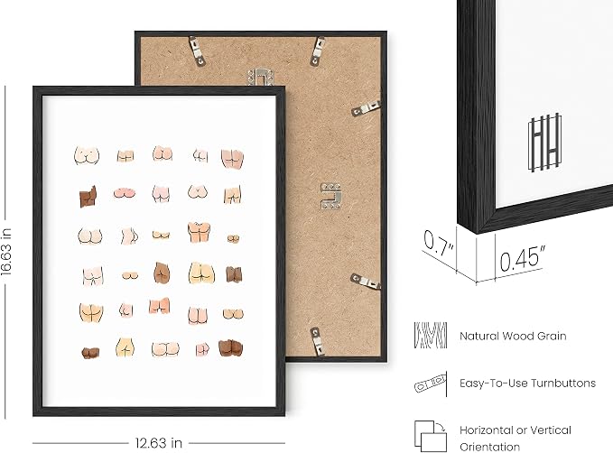 HAUS AND HUES Funny Bathroom Decor | Butts Collage Poster, Black Framed Wall Art, Guest Bathroom Humor Sign | 12"x16"