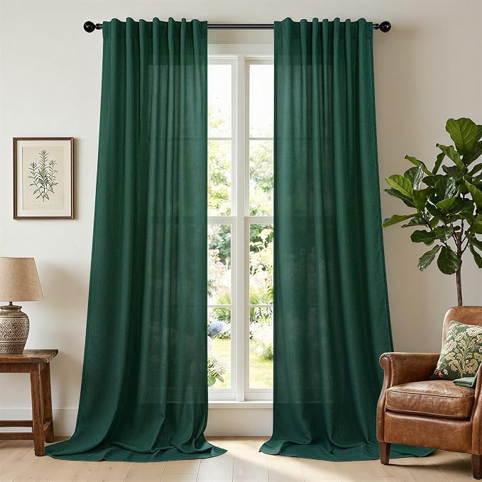 Dark Green Curtains 96 Inches Long for Living Room Dining 2 Panels Set Pocket Back Tab Forest Drape Semi Privacy Emerald Hunter Green Linen Curtains for Bedroom Bay Window Farmhouse Vintage Decor 8 FT