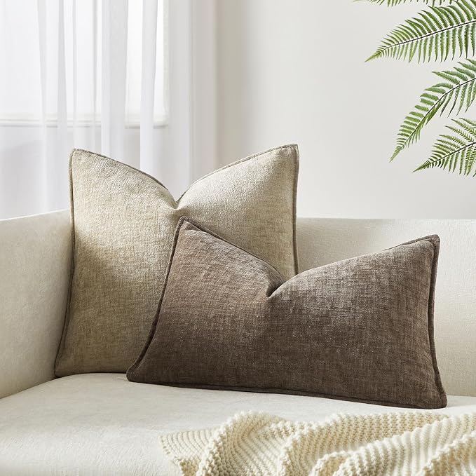 JUSPURBET 12x20 Chenille Lumbar Throw Pillow Covers Set of 2,Stone | Decorative Cozy Soft Cushion Covers Case with Hidden Zipper for Couch Sofa Bed Home Decor Living Room