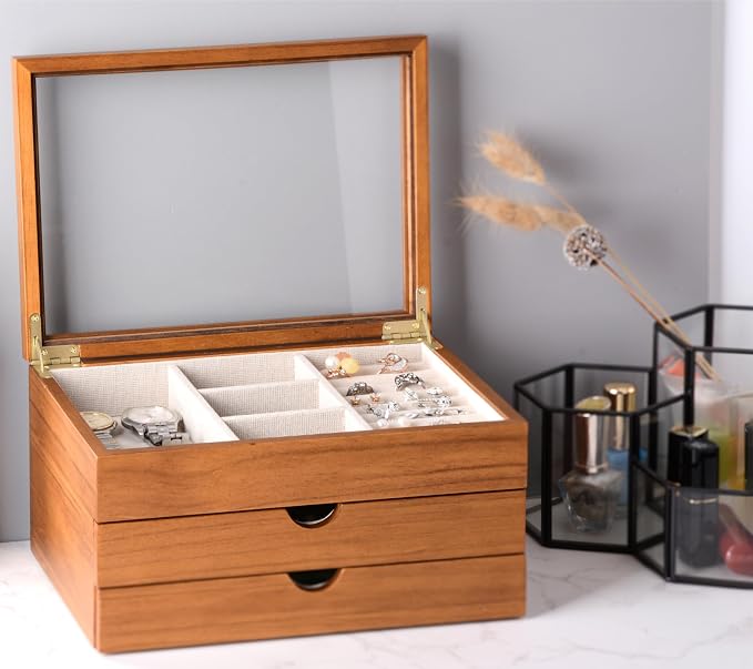 Clasin Home Jewelry Box with Glass Lid, 3 Layer Jewelry Organizer for Women, Solid Wooden Jewelry Box Display for Ring Earrings Necklace Bracelet, Pine Wood Jewelry Boxes Vintage Style for Gifts
