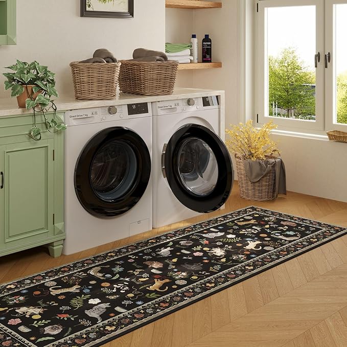 Rugcomf 2'7"x12' Kitchen Runner - Floral Cat Washable Long Hallway Runner Rug Non Slip, Boho Carpet for Entryway, Hall, Bathroom - Black