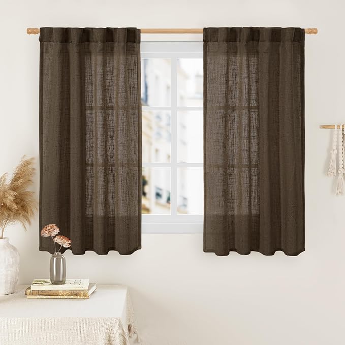 Linen Curtains 45 Inch Length 2 Panels for Bedroom, 34 x 45 Inch | Light Filtering Panels, Semi Sheer, Rod Pocket Back Tab, Neutral Drapes for Kitchen, Window, Loft Room, Dark Brown
