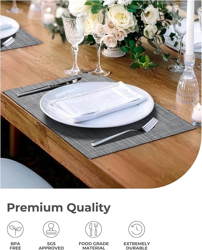 Leetaltree Grey Placemats, Heat Resistant Non-Slip Place mats for Dining Table, Washable Durable PVC Vinyl Woven Table Mats (Set of 12)
