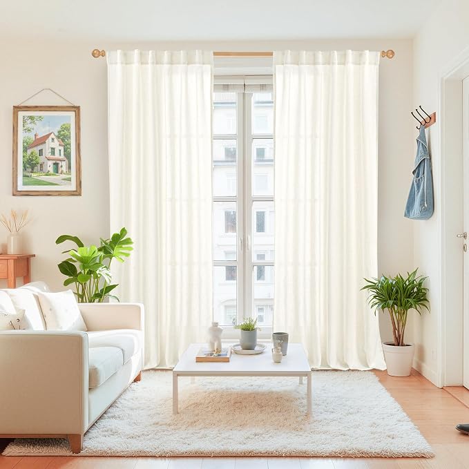 YoungsTex Extra Long Ivory Linen Curtains 95 Inch Length for Living Room, Light Filtering Drapes with Rod Pocket Back Tab Rustic Semi Sheer for Bedroom Window, 2 Panels, 52 X 95 Inch