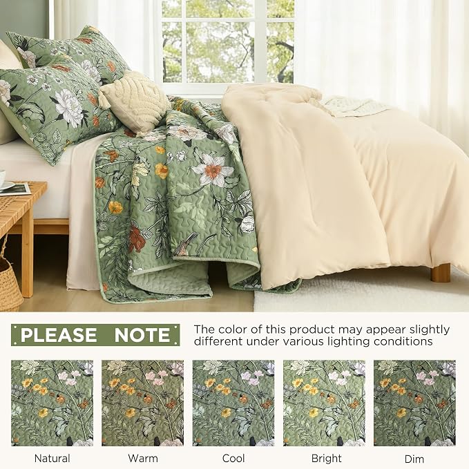 Litanika Floral Green Quilt Oversized King - 3Pcs Botanical Birds Bed Set | Sage Bedspread Summer Lightweight Soft Coverlet for All Seasons(120"x98")