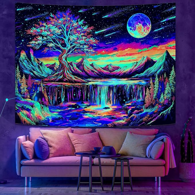 Zussun Blacklight Tree of Life Tapestry UV Reactive Moon Mountain Forest Waterfull Tapestry for Bedroom Aesthetic Nature Large Tapestries Wall Hanging for Dorm Living Room Decor 80 x 60 Inch