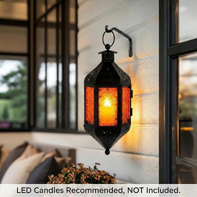 Vela Lanterns Hanging Moroccan Lamp - Exotic Decorative Patio & Porch Decor, Indoor Outdoor Tea Light Candle Lantern Holder with Chain (11" Medium, Amber/Orange Glass)