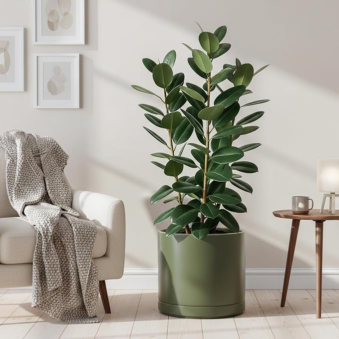D'vine Dev 16 Inch Ceramic Planter Pot, Olive, 94-O-H-J | Modern Cylinder Design, Drainage Hole & Saucer Included, Stable Structure, Elegant Home Accent