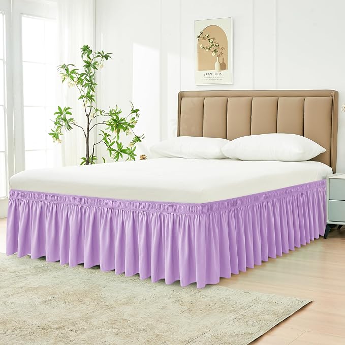 Wrap Around Bed Skirt Full Size Beds 15" Drop-Elastic Dust Ruffle Violet | Adjustable Pleated Bedskirt-Easy Fit Wrinkle Resistant Washable Bed Skirting-Hotel Studio Apartment Home Guest Bedroom Rental