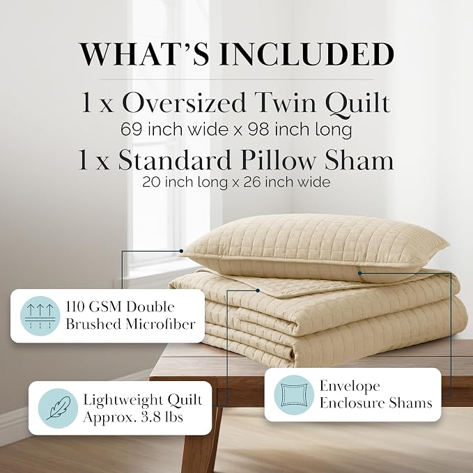 Southshore Fine Living, Inc. Twin XL Quilt Bedding Set, Dorm Room Essentials Bedding, Machine Washable Bedspread for Guest Room, Twin XL Beige Quilt Bed Spread w/Quilted Pillow Sham, Soft Sand