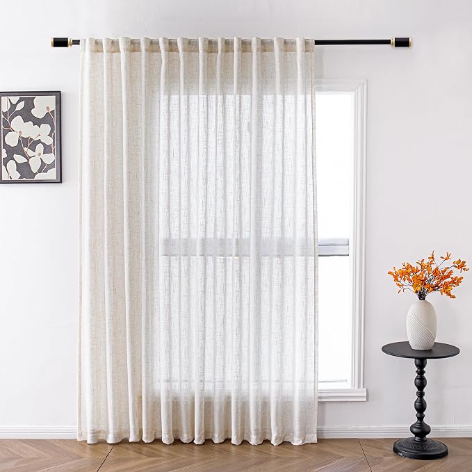 MYSKY HOME Linen Curtains for Living Room 1 Panel, Natural Semi Sheer Curtains & Drapes Light Filtering Farmhouse Country Boho Style Back Tab Draperies for Sliding Glass Door (Customsize, Linen)