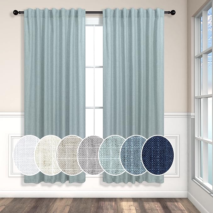 Seafoam Curtains 63 Inch Length for Kids Room 2 Panels Set Back Tab Pocket Casual Woven Textured Semi Sheer Linen Grey Green Curtains for Bedroom Boys Coastal Beach Mint Teal Aqua Sea Foam 52x63 Long
