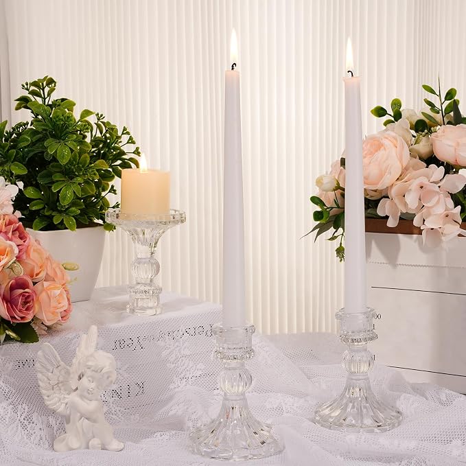 24 Pcs Glass Candle Holder Set 12 Candlestick White Candles,Clear | Clear Glass Holders with Taper Candles for Wedding Party Dinner Table Centerpiece, Elegant Classic Design Event Decor