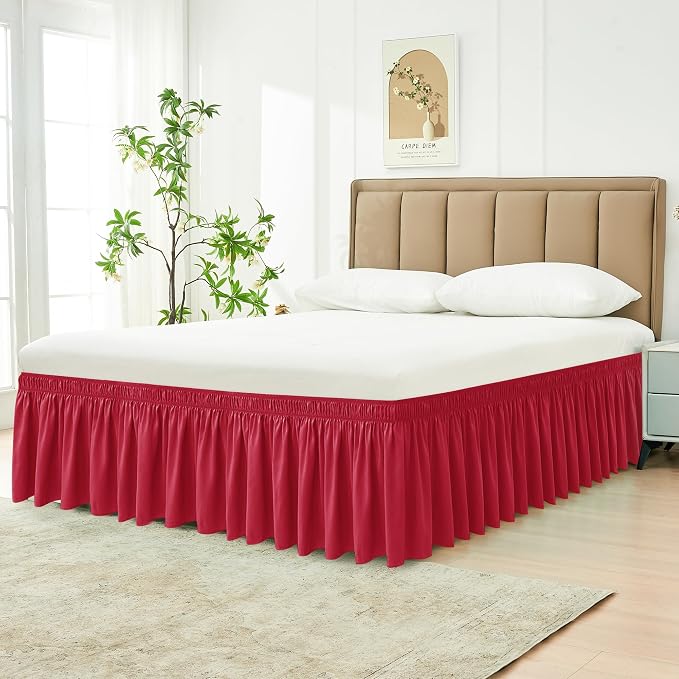 Wrap Around Bed Skirt Dorm Twin & Twin XL 15" Drop-Elastic Dust Ruffle | Adjustable Pleated Bedskirt-Easy Fit Wrinkle Resistant-Washable Hotel Quality-College Dorm Apartment Guest Bedroom Red