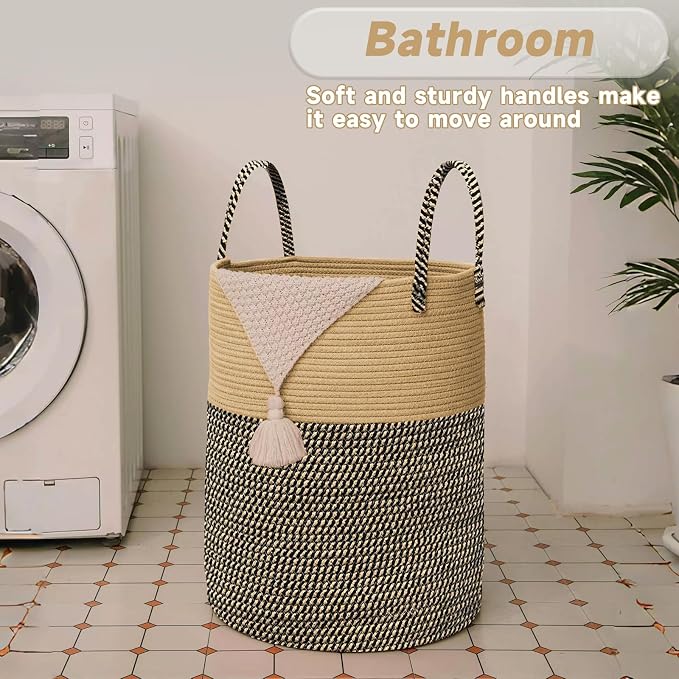 JMvicyroam 80L Cotton Rope Laundry Basket Hamper, Brown and Black | Collapsible laundry basket, reinforced handles, freestanding, machine washable, holds 3-5 thick blankets, clothes or toys