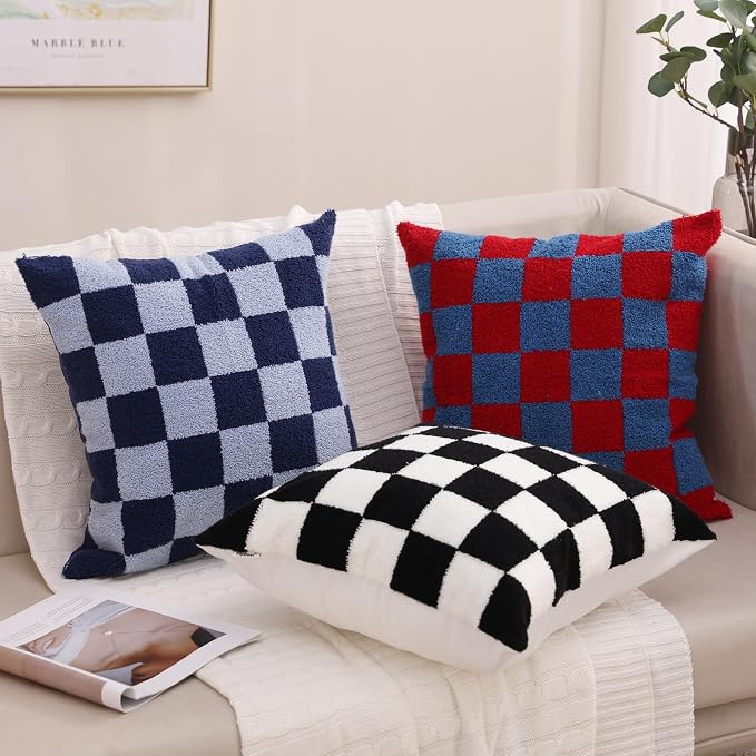 Alysheer Checkered Embroidered Throw Pillow Covers 18"x 18" 2pc Navy Blue