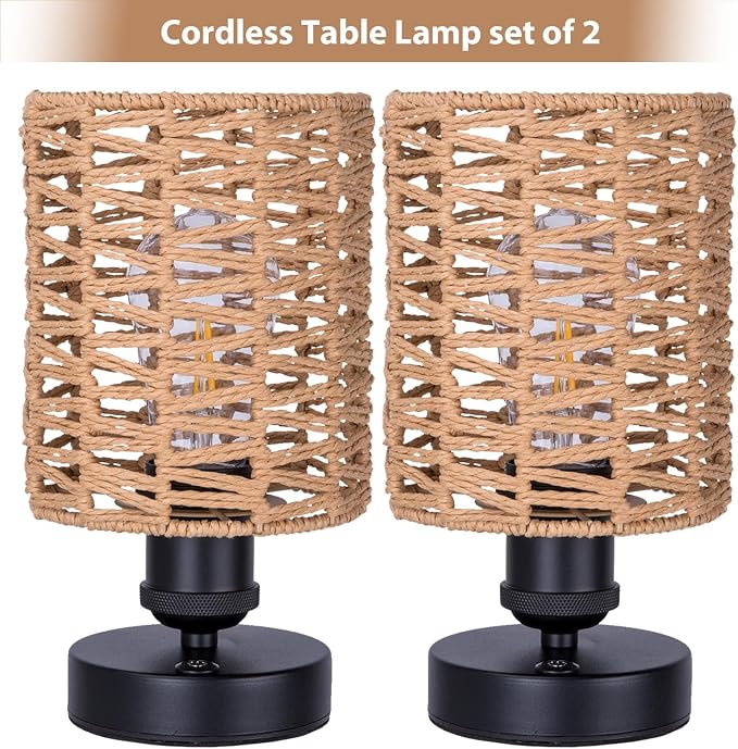 Cordless Outdoor Table Lamps, Small Rattan Boho, Rechargeable Battery Operated for Outdoor Patio, Home, Living Room, Bedroom, Bedside - Set of 2 (Beige-B)