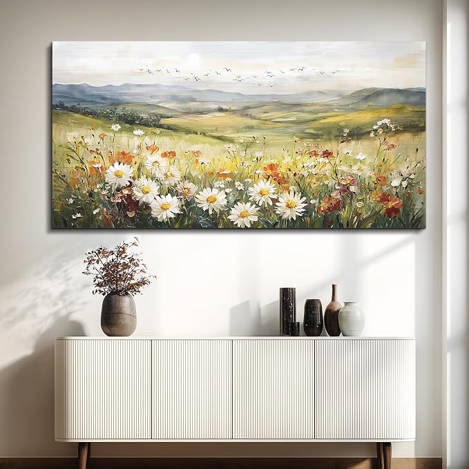 FUHAIHUA Canvas Wall Art For Living Room Large Framed Wall Decor For Office Modern Bedroom Decorations Prairie Flowers Landscape Pictures Farmhouse Paintings Artwork Aesthetic Home Decor 30" x 60"