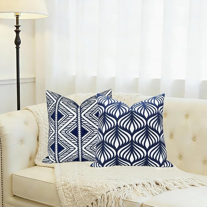 Slow Cow Embroidery Decorative Throw Pillow Cover Geometric Design Cushion Cover 18x18 Inches Navy Blue