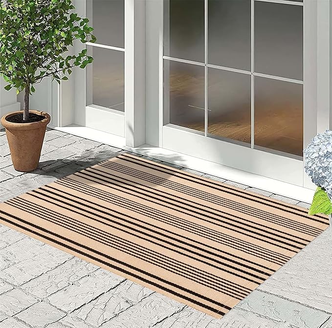 Front Outdoor Door Mat 2'x3',Tan Black Striped Outdoor Rug Machine Washable Cotton Layered Door Mat Entryway Throw Rug for Indoor Entrance