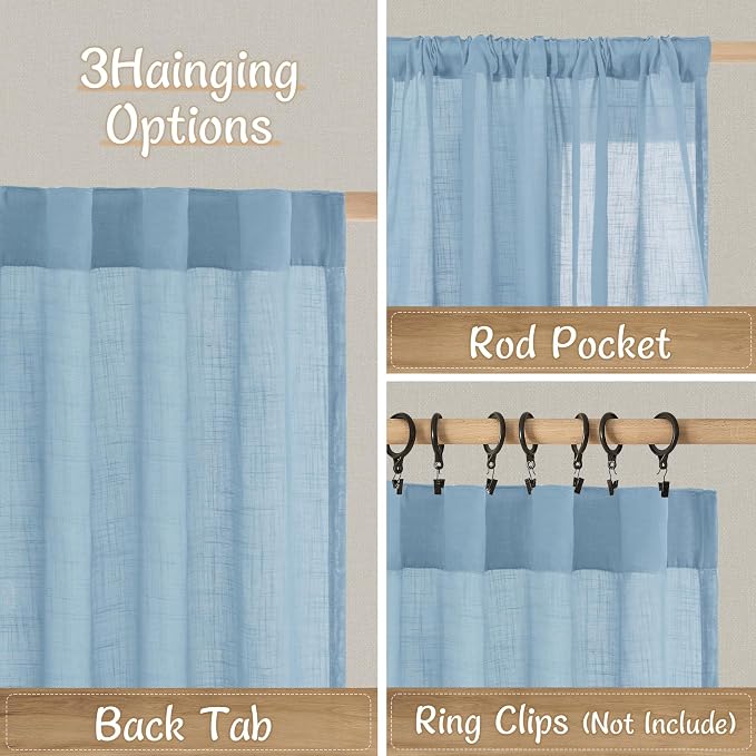 Linen Curtains for Living Room 96 inch Long 2 Panels, 52 x 96 Inch | Blue, Light Filtering Semi Sheer Curtains, Farmhouse Boho, Back Tab Rod Pocket, Drapes for Bedroom, Sliding Glass Door