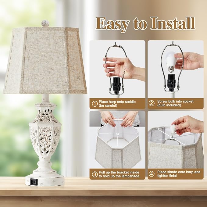 EJIAXIN Lamps for Night Stands Set of 2-23.5" Boho Bedside Lamp with USB A+C and Nightlight - Cream Rustic Carved Resin Farmhouse Table Lamp for Bedrooms, End Tables, Living Room, Bulbs Included