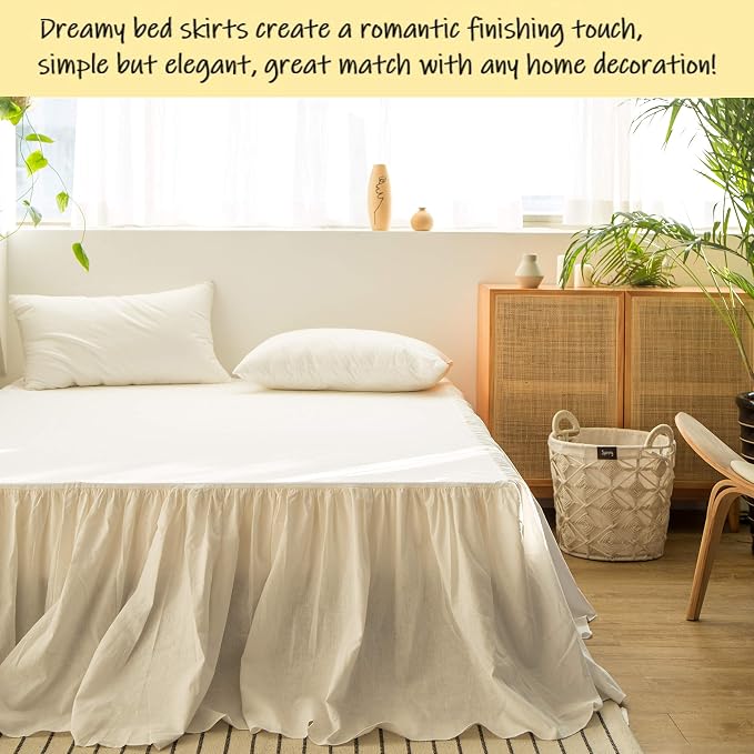 BISELINA French Linen Bed Skirt with Pleated Frills 22-Inch Tailored Drop Natural Flax Cotton Blend Dust Ruffle Soft Cozy Farmhouse Bedding (22" California King, Ruffle White)