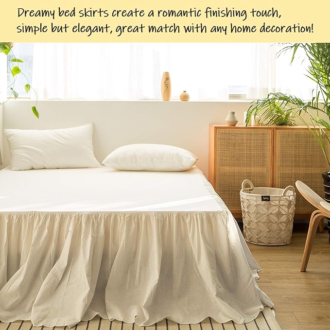 BISELINA French Linen Bed Skirt with Pleated Frills 22-Inch Tailored Drop Natural Flax Cotton Blend Dust Ruffle Soft Cozy Farmhouse Bedding (22" King, White)