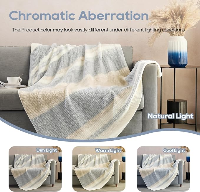 Soft Striped Throw Blanket for Couch, Cozy Warm Knitted Blankets | Lightweight Fuzzy Travel Warm Decor for Women, Mom, Girls, Sofa, Chair, 50x60in, Grey Khaki