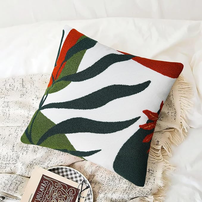 Merrycolor Boho Decorative Throw Pillow Covers 18x18 Tufted Abstract Mid Century Modern Pillow Covers Aesthetic Boho Pillows Decorative Pillows for Bed Couch Sofa Living Room Dark Green Orange（A）