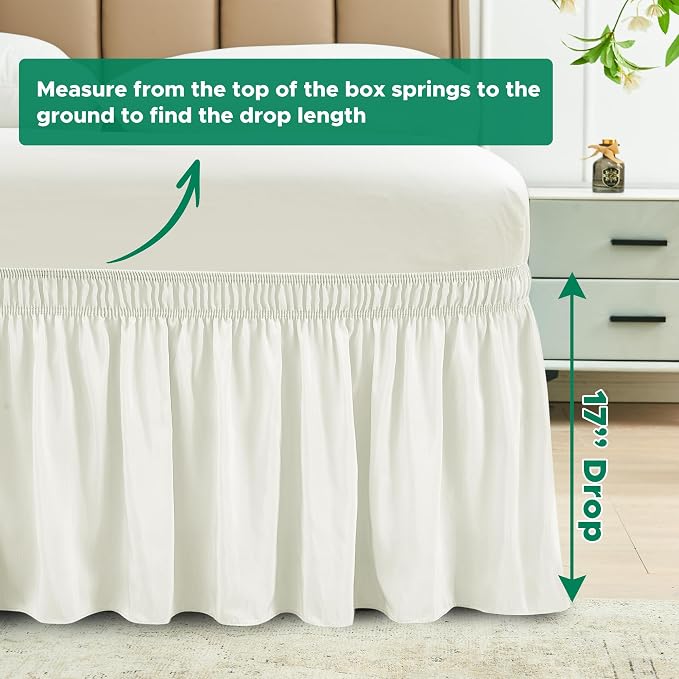 Wrap Around Queen Size Bed Skirt 17 Inch Drop-Elastic Dust Ruffle Ivory | Adjustable Pleated Bedskirt-Easy Fit Wrinkle Resistant Washable Hotel Quality Fabric Bed Skirting-Master Guest Bedroom Rental