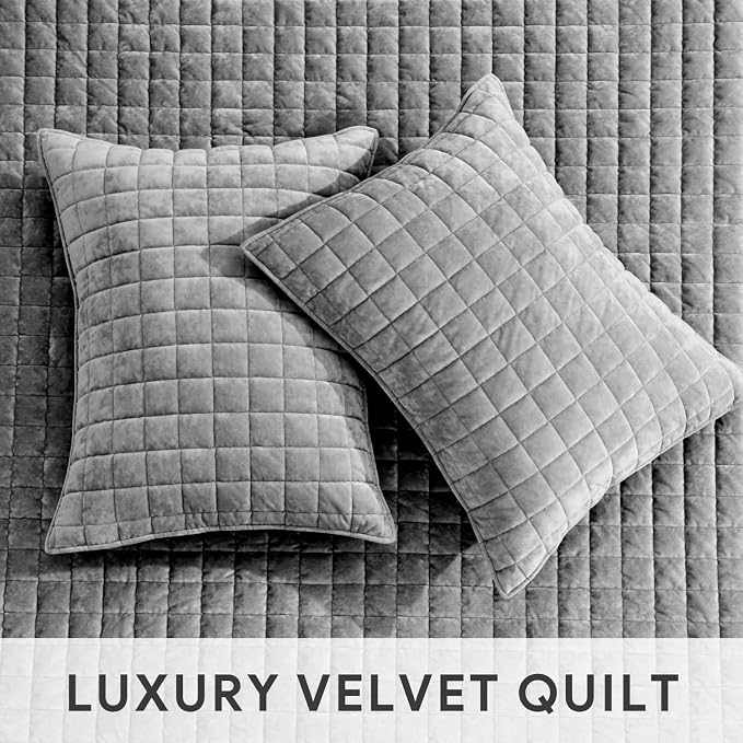 RECYCO Channel Box Stitch Velvet Quilt Set, King Size, Charcoal Gray | Ultra Soft Lightweight Velvet Comforter, Luxury Oversized Bedspread Coverlet, Quilted Bedding Set for All Season with 2 Shams
