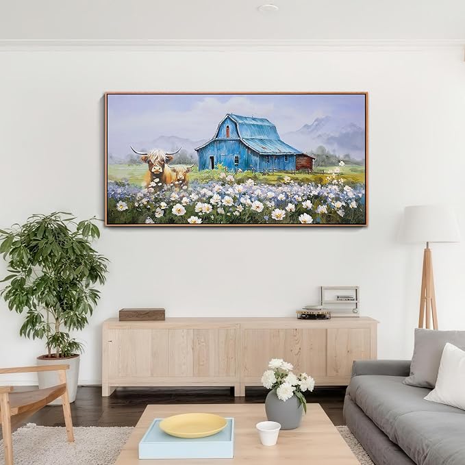 Anolyfi Highland Cow Farmhouse Wall Art for Living Room, Blue Barn Paintings Warm and Cozy Decor for Bedroom Dining Room Home Hallway, Framed 58"x29"