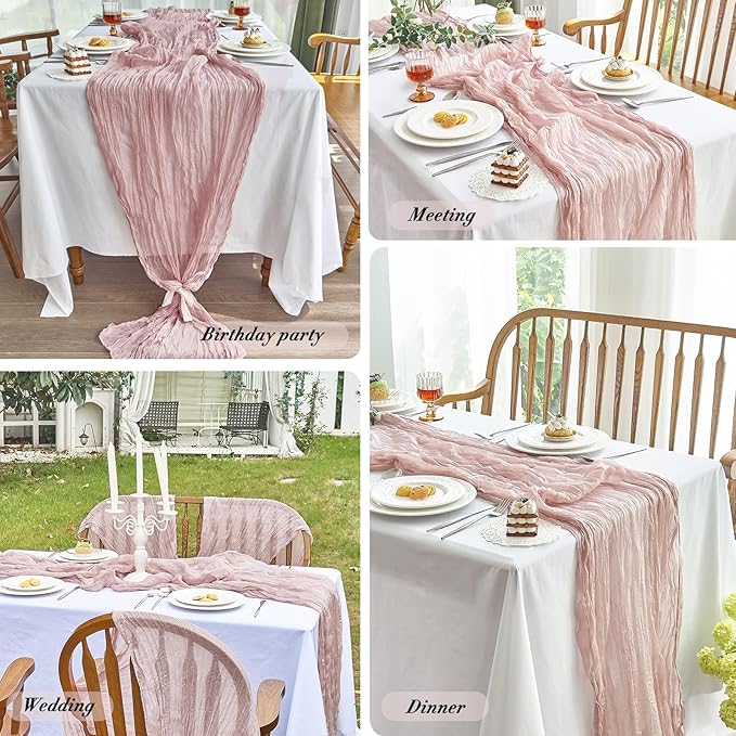 IVAPUPU Dusty Pink Table Runner 120 Inches for Birthday Party Home Decor | 6 Pcs Boho Gauze 10FT Cheesecloth Table Runners for Wedding Baby Shower Decorations Summer Garden Farmhouse