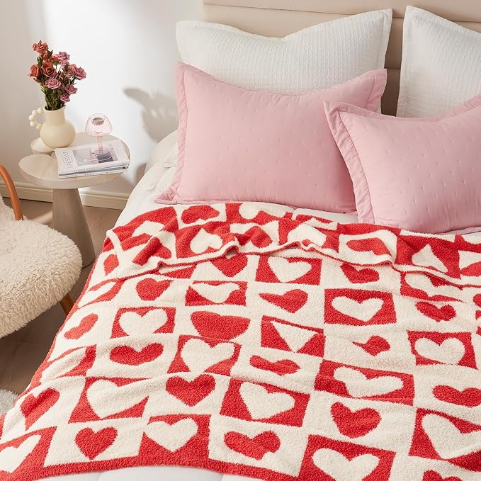 Snuggle Sac Valentines Throw Blanket Red Checker, Knitted Super Soft Cozy Blankets, Valentines Day Gifts for Her, Microfiber Heart Throws for Couch, Checkered Love, 50x60 inches
