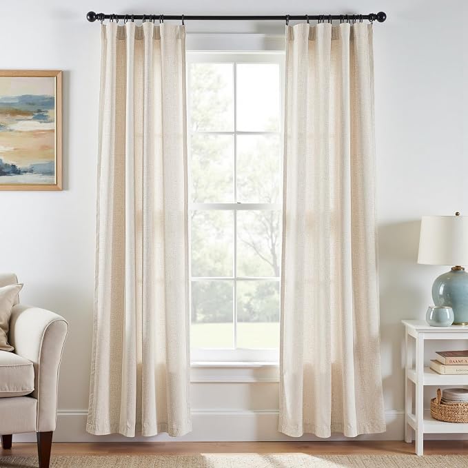 jinchan Linen Curtains Light Filtering Back Tab 38x90 Inch 4 Panels Beige | Semi Sheer Curtains 90 inch length for Bedroom Living Room, Modern Farmhouse Drapes with Rod Pocket, Natural Boho Curtains