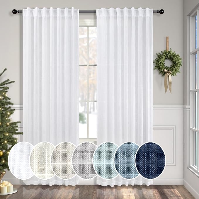 Pitalk White Curtains 78 Inches Long for Sliding Glass Door 2 Panels Set Rod Pocket Tab Modern Farmhouse Semi Sheer Flax Linen Drapes Light Curtains for Living Room Pinch Pleated Look 52 x 78 Length
